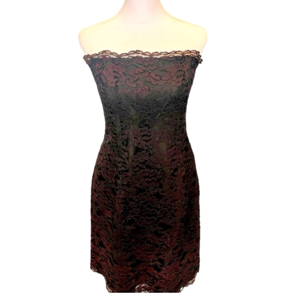 Pantagis Lace Black and Red Evening Cocktail Strapless Mini Dress  Size Small